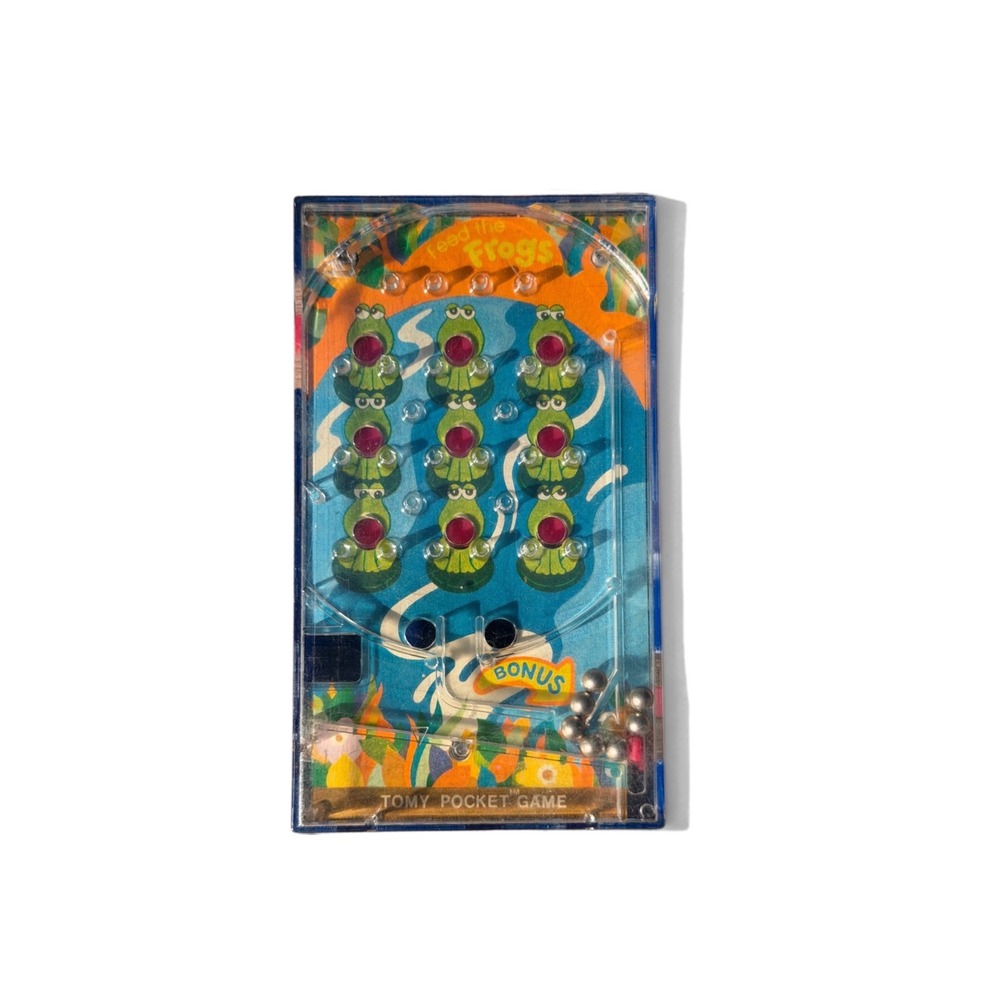 Tomy Pocket Game Feed the Frogs Pinball 1977 Blue Plastic Handheld Toy